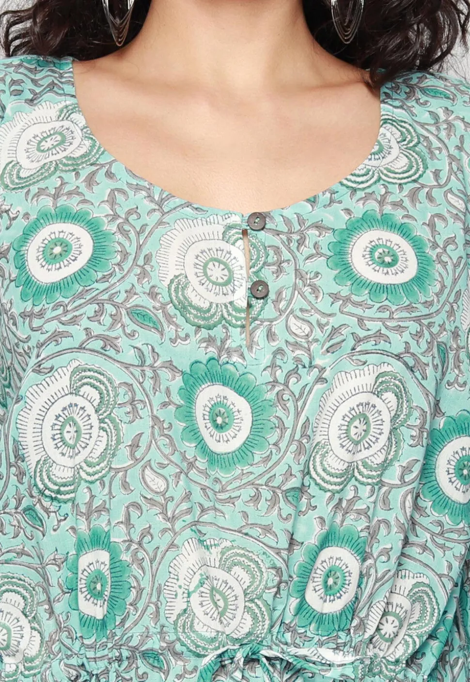 Printed Cotton Clinched Waist Maxi Kaftan in Sea Green