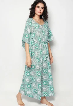 Printed Cotton Clinched Waist Maxi Kaftan in Sea Green