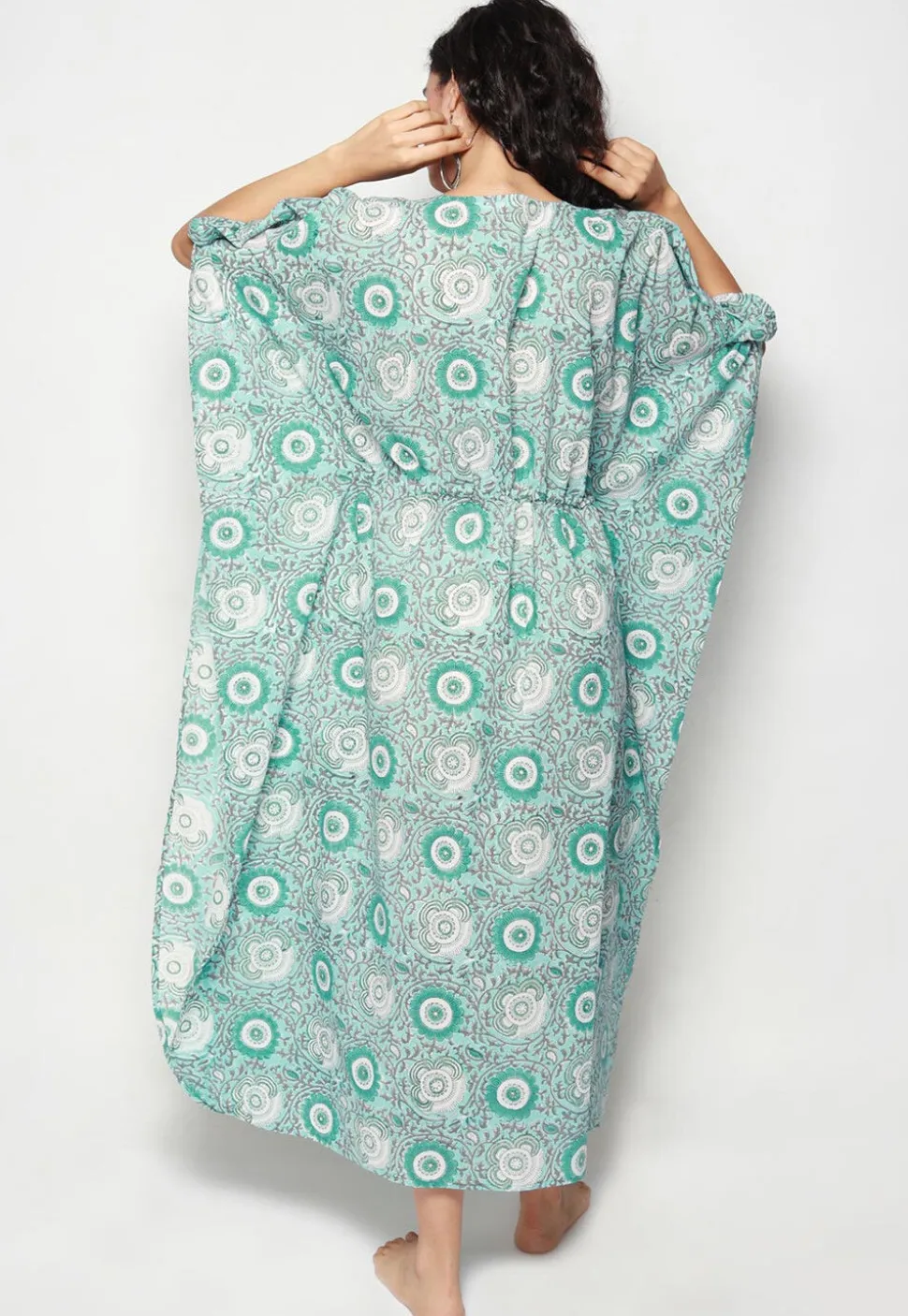 Printed Cotton Clinched Waist Maxi Kaftan in Sea Green