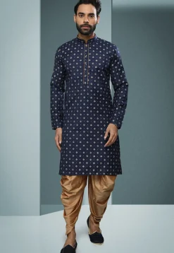 Printed Cotton Dhoti Kurta in Navy Blue
