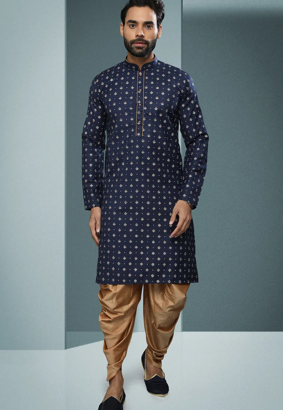 Printed Cotton Dhoti Kurta in Navy Blue