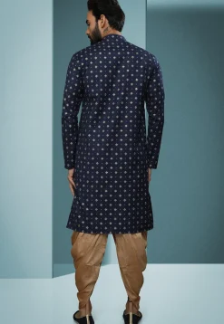 Printed Cotton Dhoti Kurta in Navy Blue
