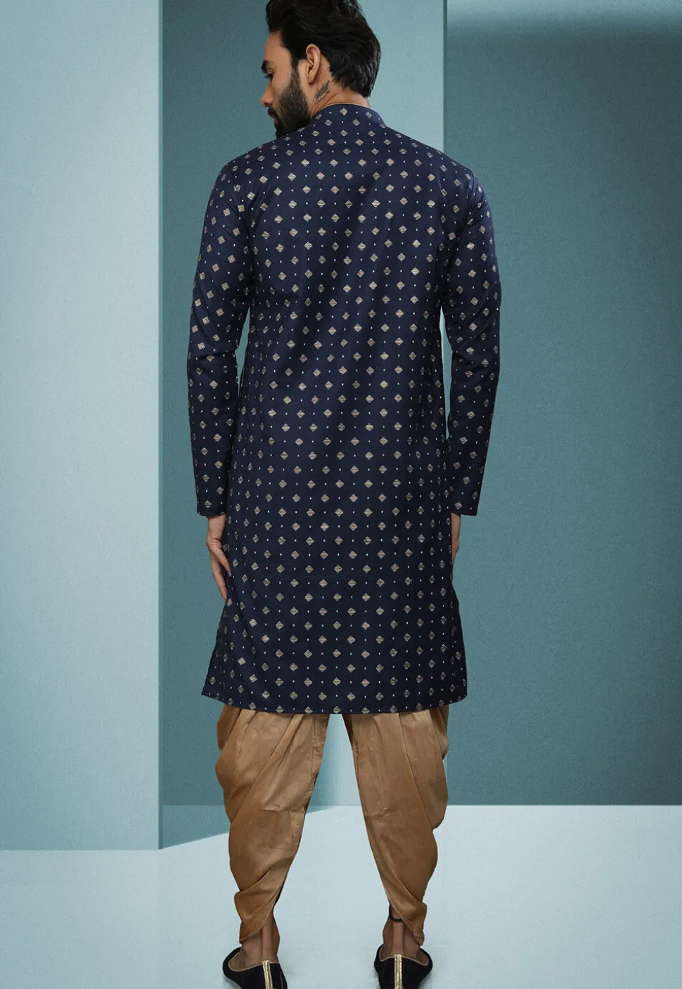 Printed Cotton Dhoti Kurta in Navy Blue