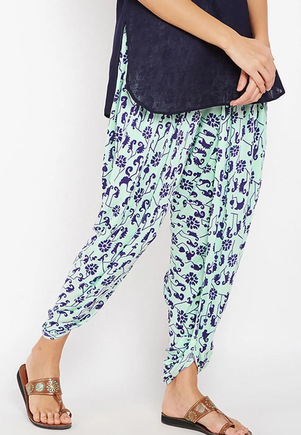 Printed Cotton Dhoti Pant in Sea Green
