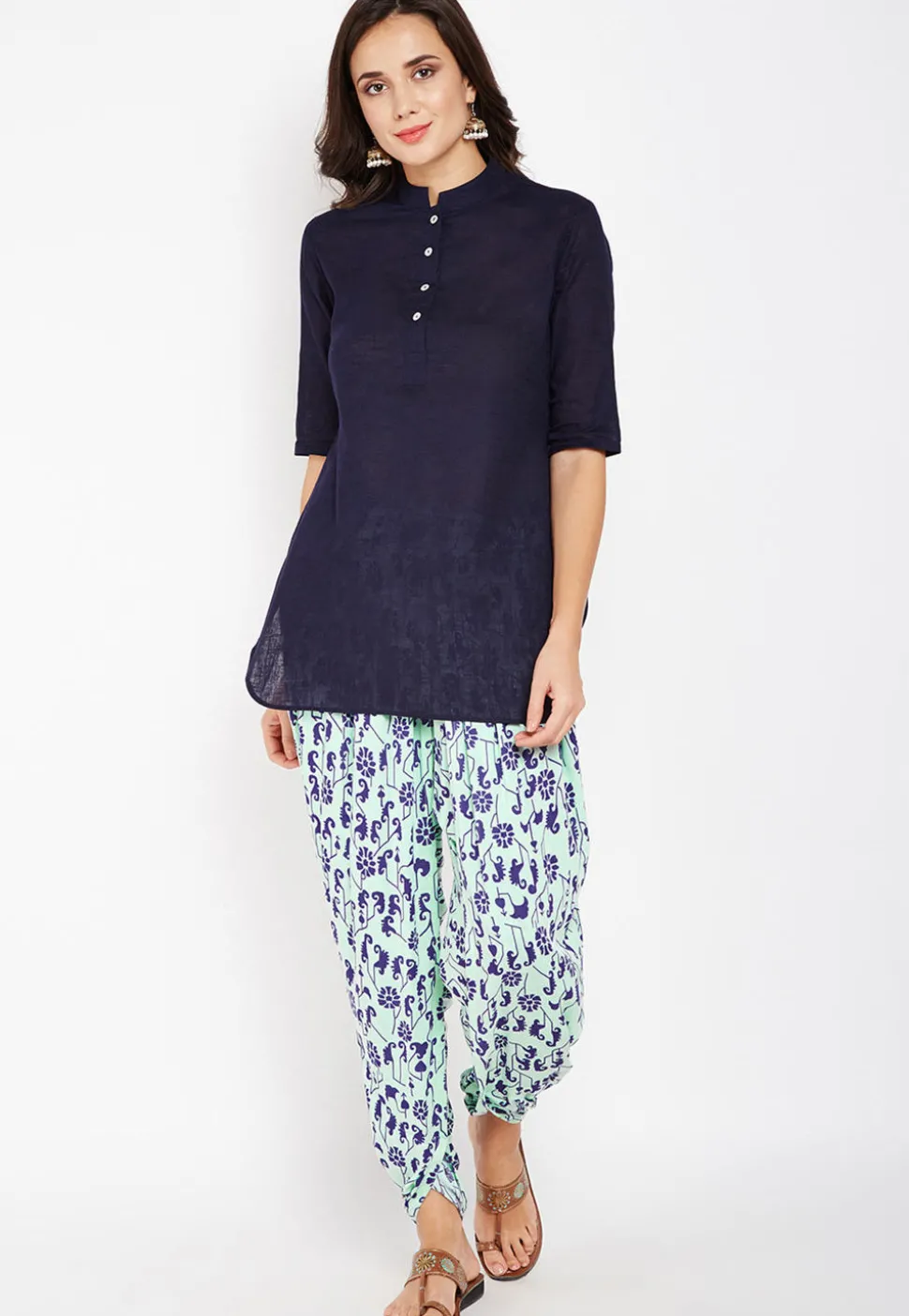 Printed Cotton Dhoti Pant in Sea Green