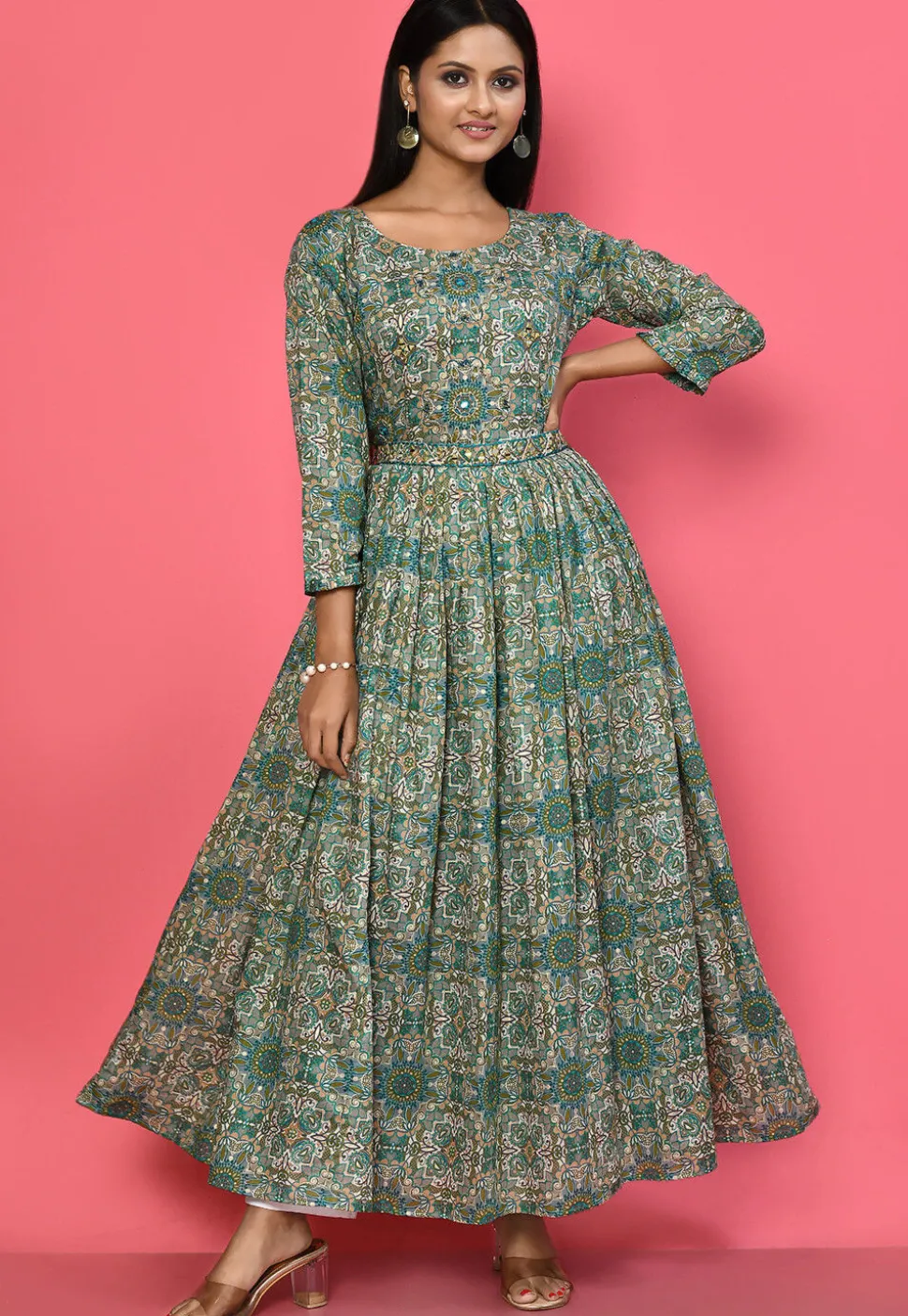 Printed Cotton Flared Dress in Grey and Multicolor