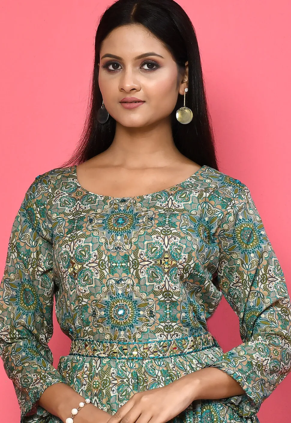 Printed Cotton Flared Dress in Grey and Multicolor