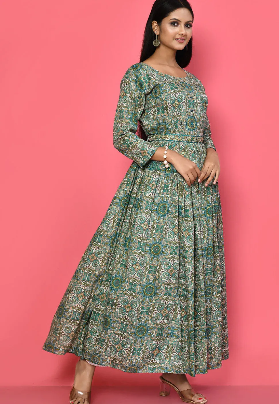 Printed Cotton Flared Dress in Grey and Multicolor