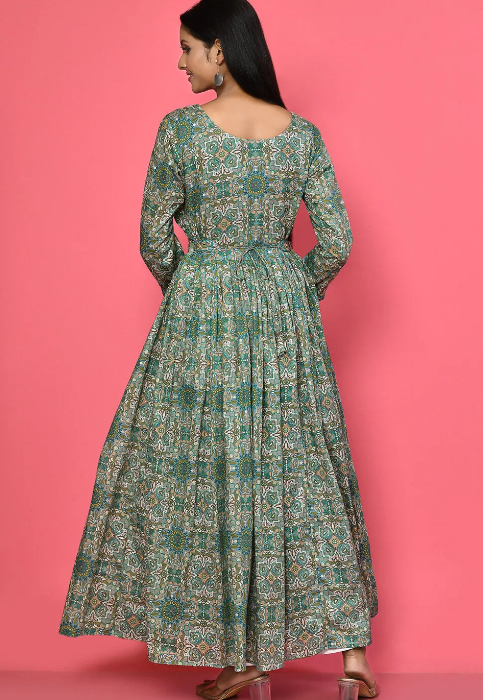 Printed Cotton Flared Dress in Grey and Multicolor