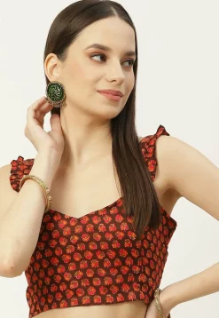 Printed Cotton Frilled Strappy Blouse in Dark Brown