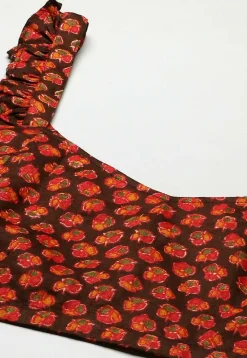 Printed Cotton Frilled Strappy Blouse in Dark Brown