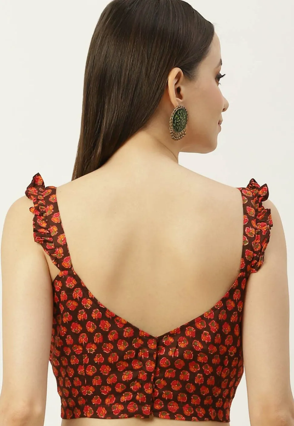 Printed Cotton Frilled Strappy Blouse in Dark Brown