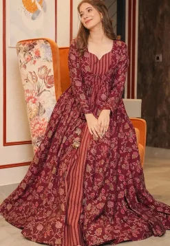 Printed Cotton Gown in Maroon