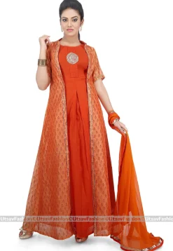 Printed Cotton Jacket Abaya Style Suit in Orange