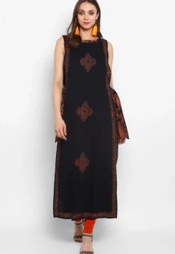 Printed Cotton Jacket Style Kurta in Black and Orange