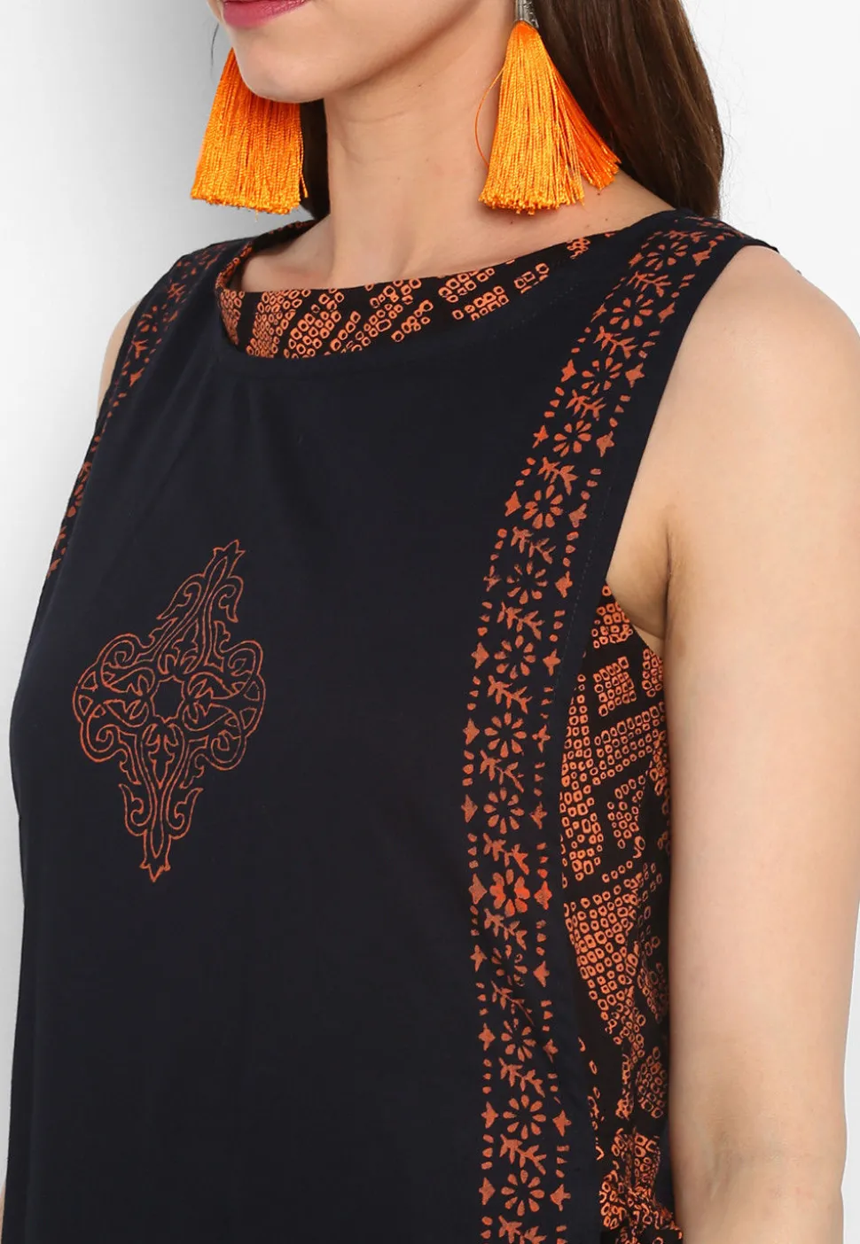 Printed Cotton Jacket Style Kurta in Black and Orange