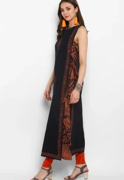 Printed Cotton Jacket Style Kurta in Black and Orange