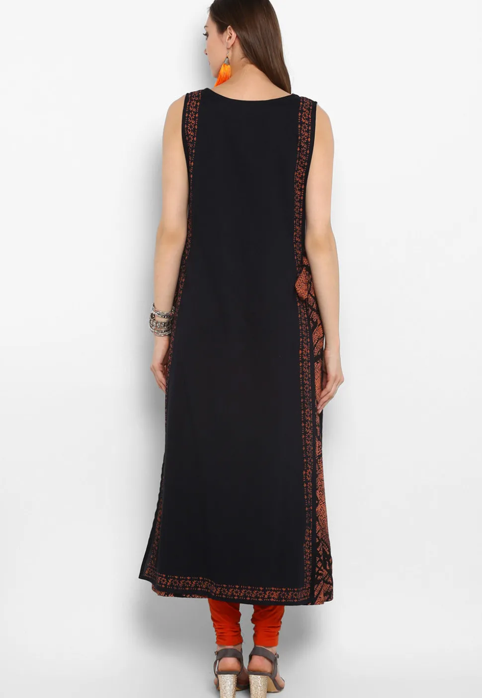 Printed Cotton Jacket Style Kurta in Black and Orange