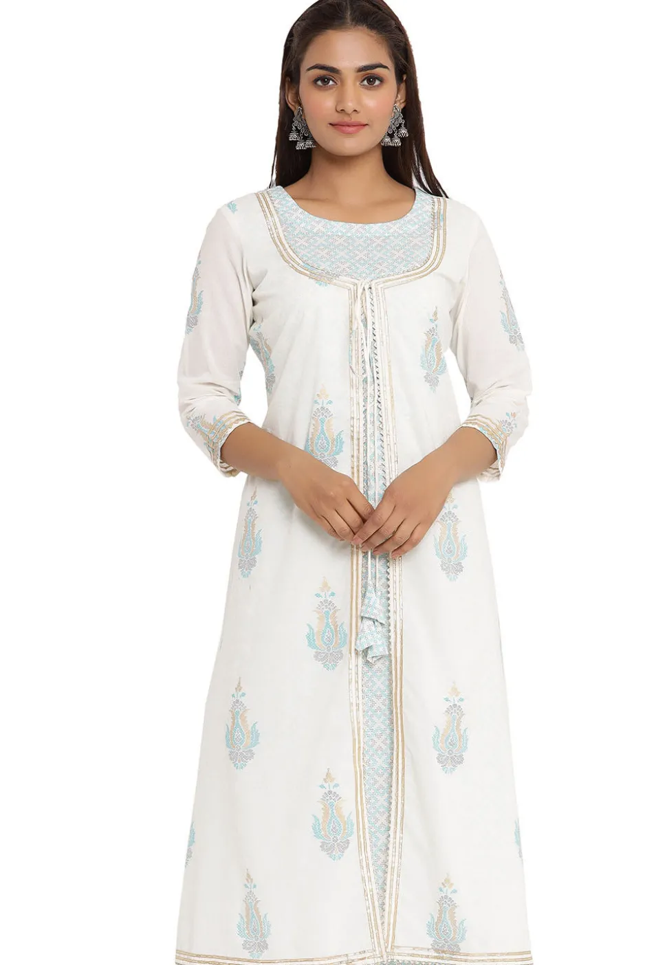 Printed Cotton Jacket Style Kurta in White