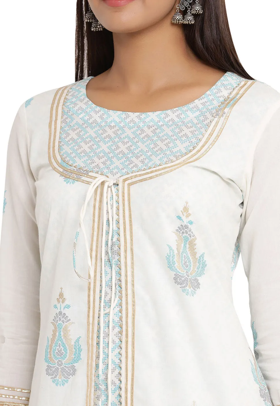 Printed Cotton Jacket Style Kurta in White
