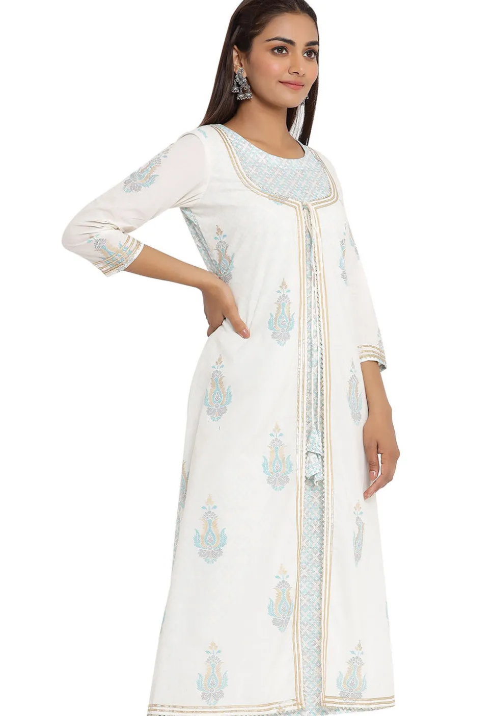 Printed Cotton Jacket Style Kurta in White