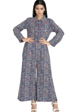 Printed Cotton Jumpsuit in Blue and Multicolor