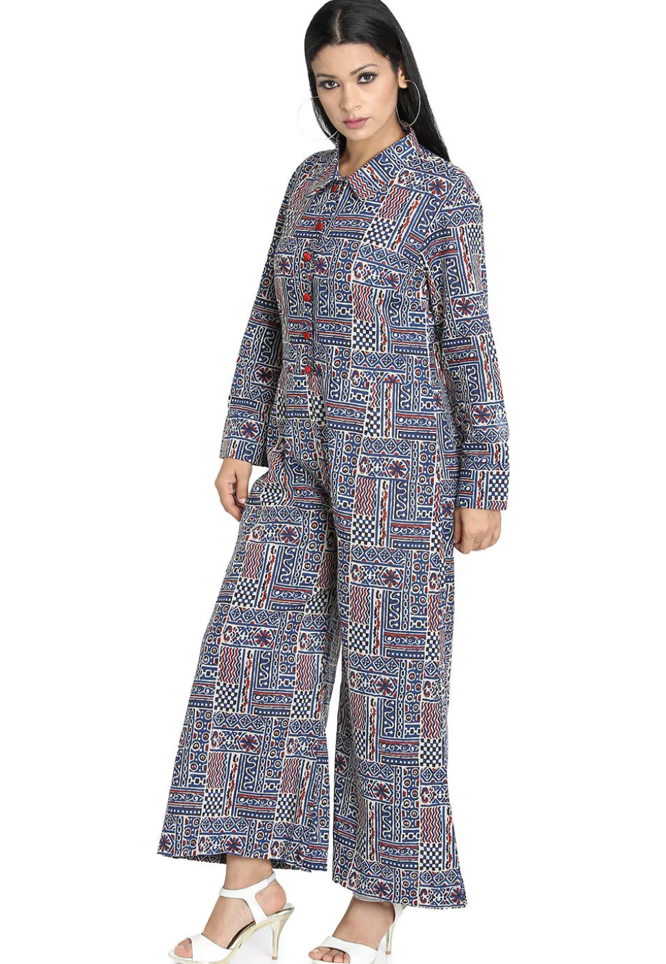 Printed Cotton Jumpsuit in Blue and Multicolor