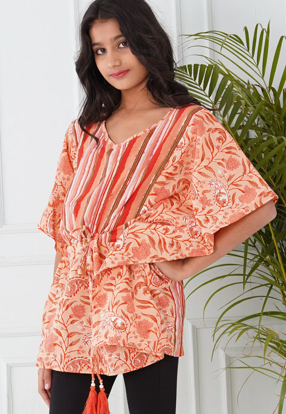 Printed Cotton Kaftan in Peach