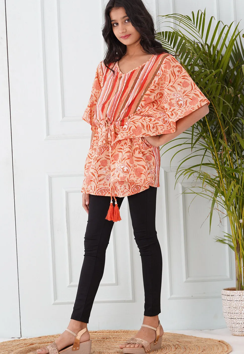 Printed Cotton Kaftan in Peach