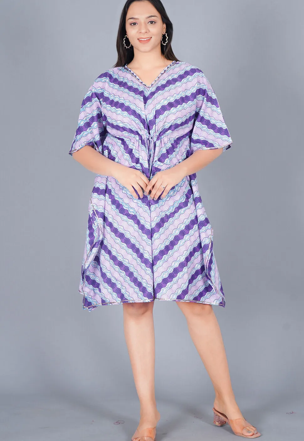 Printed Cotton Kaftan in Shaded Purple