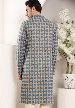 Printed Cotton Kurta in Blue and Fawn