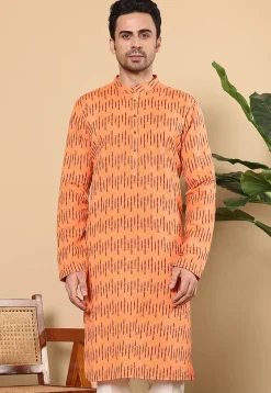 Printed Cotton Kurta in Light Orange