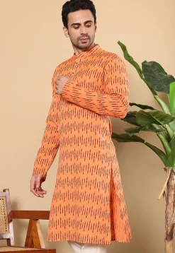 Printed Cotton Kurta in Light Orange