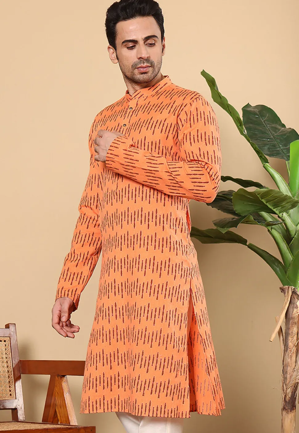 Printed Cotton Kurta in Light Orange