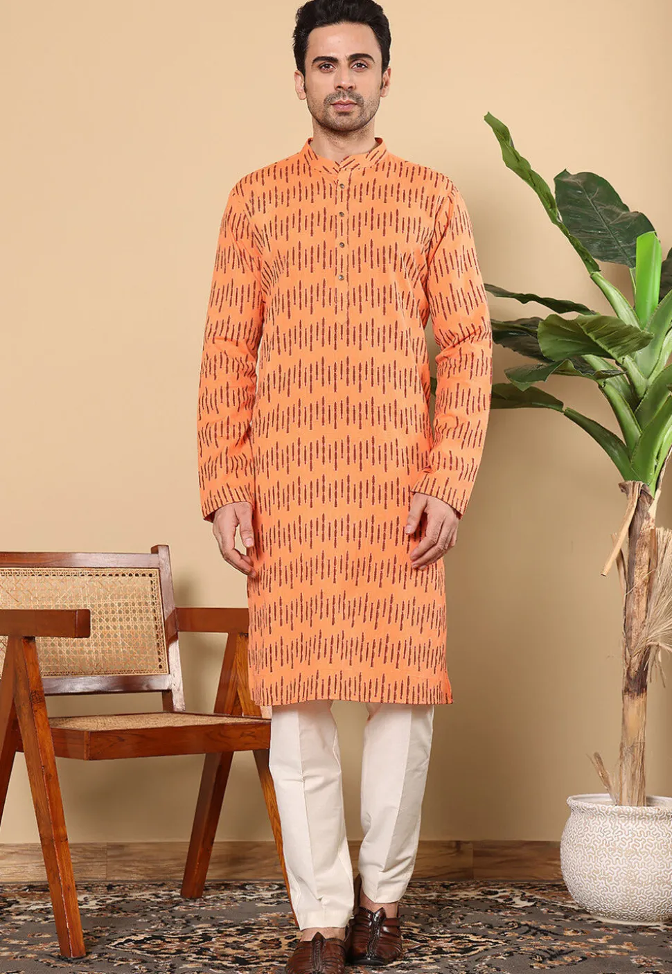 Printed Cotton Kurta in Light Orange