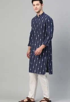 Printed Cotton Kurta in Navy Blue
