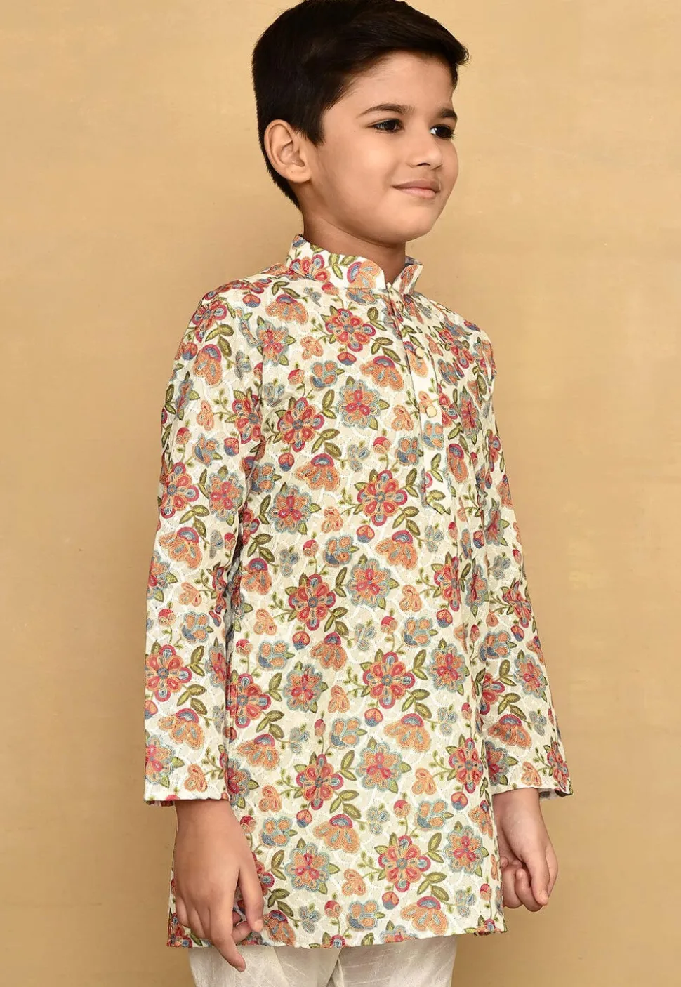 Printed Cotton Kurta in Off White