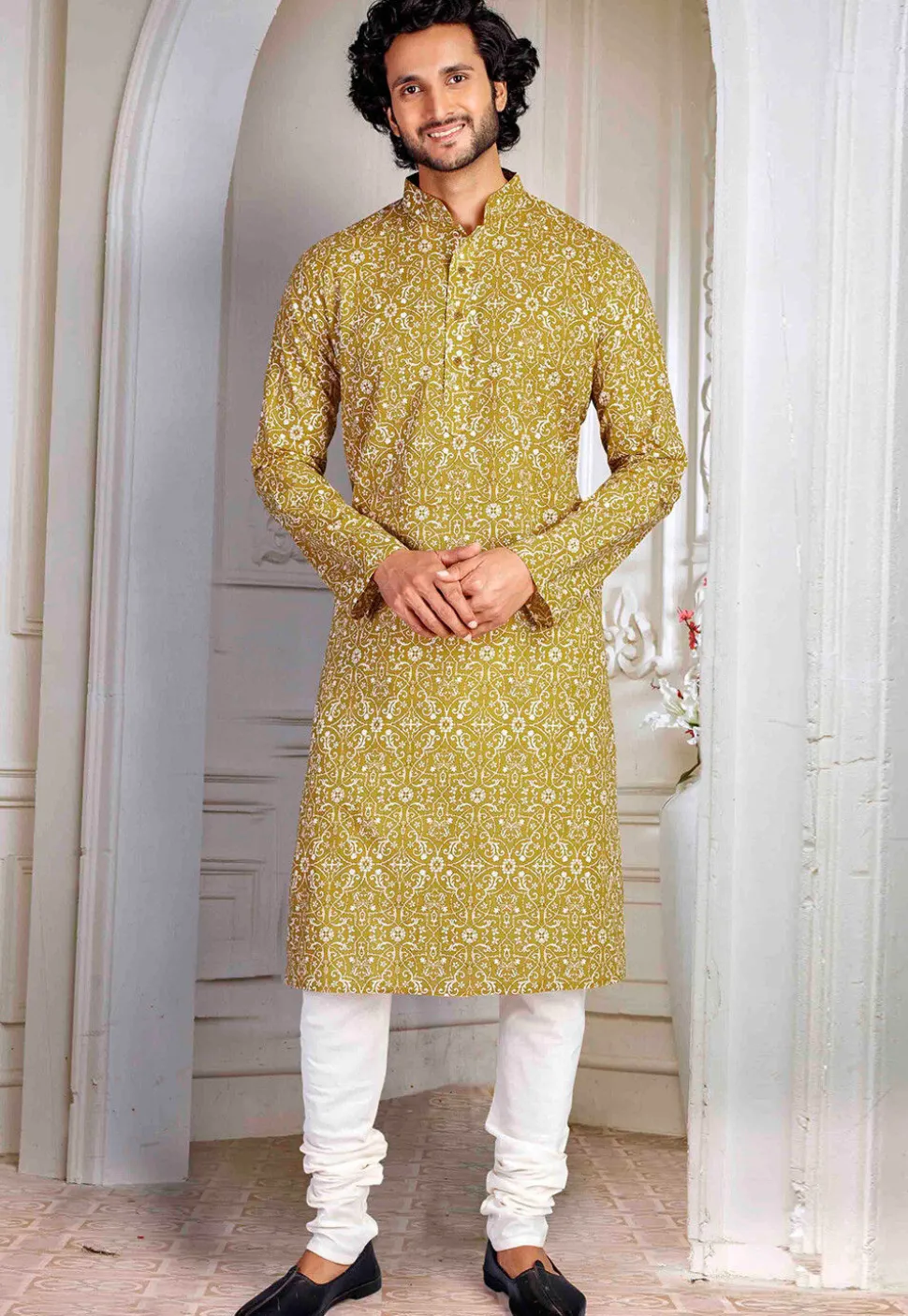 Printed Cotton Kurta in Olive Green