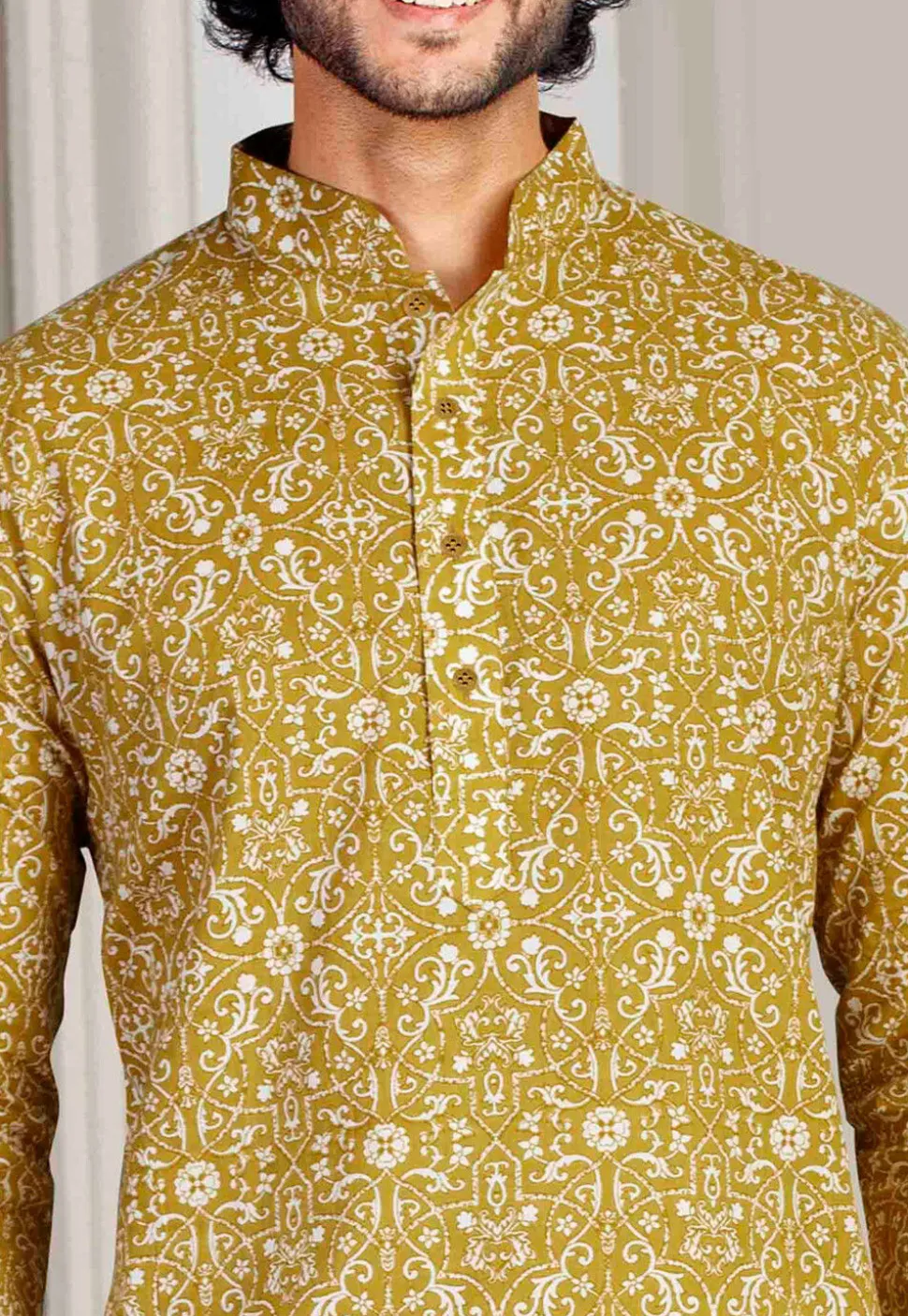Printed Cotton Kurta in Olive Green