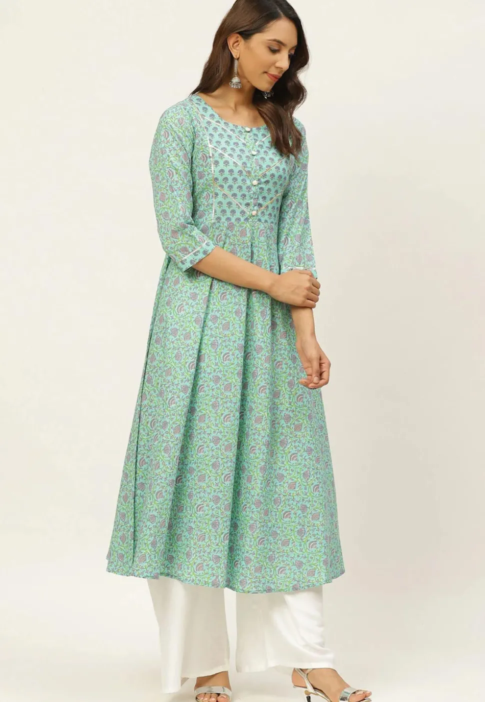 Printed Cotton Kurta in Sea Green