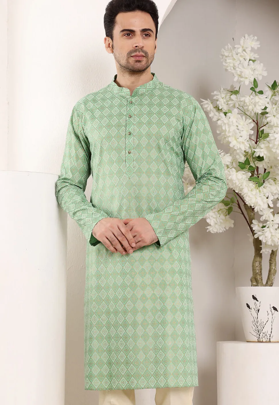 Printed Cotton Kurta in Sea Green