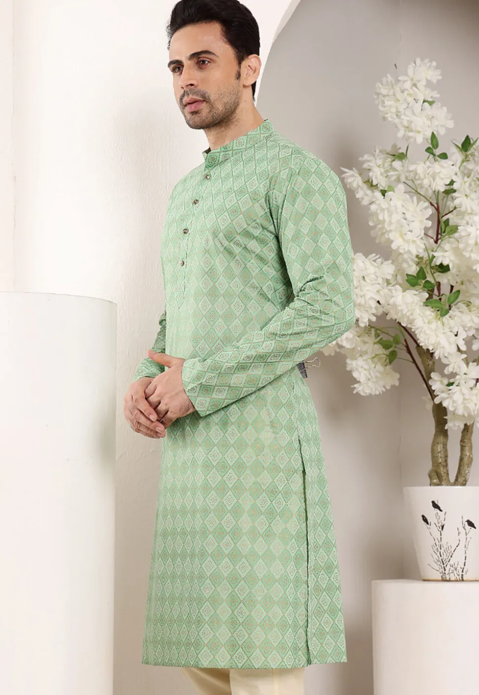 Printed Cotton Kurta in Sea Green