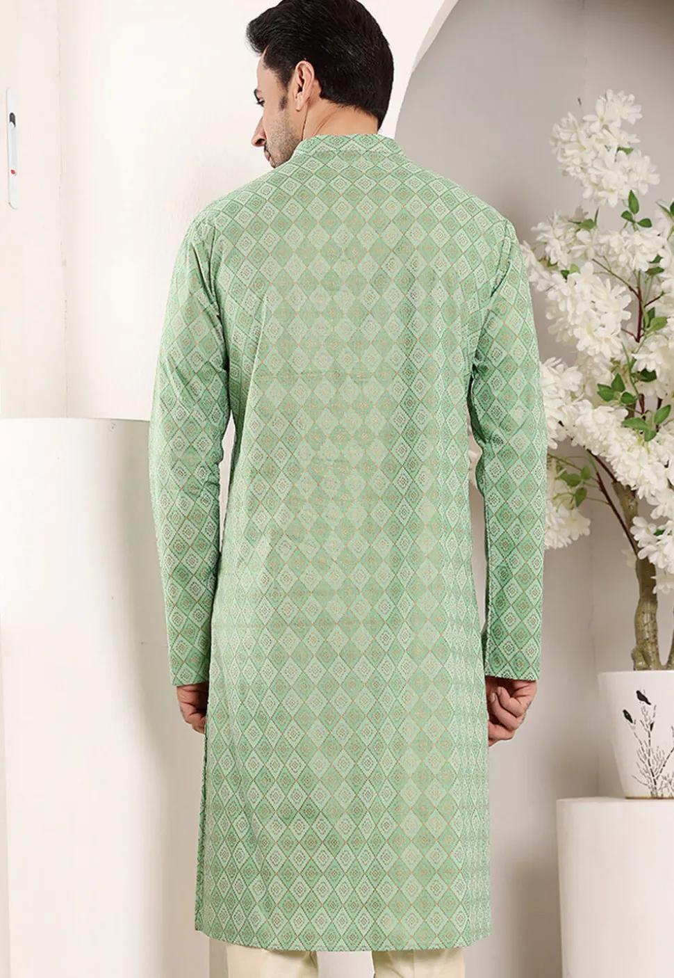 Printed Cotton Kurta in Sea Green