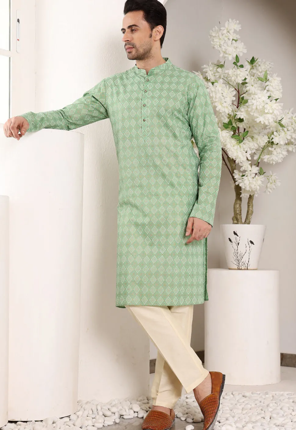 Printed Cotton Kurta in Sea Green