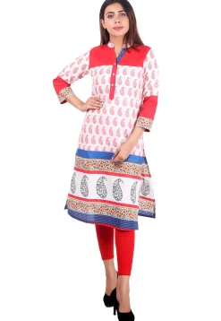 Printed Cotton Kurta in White and Multicolor