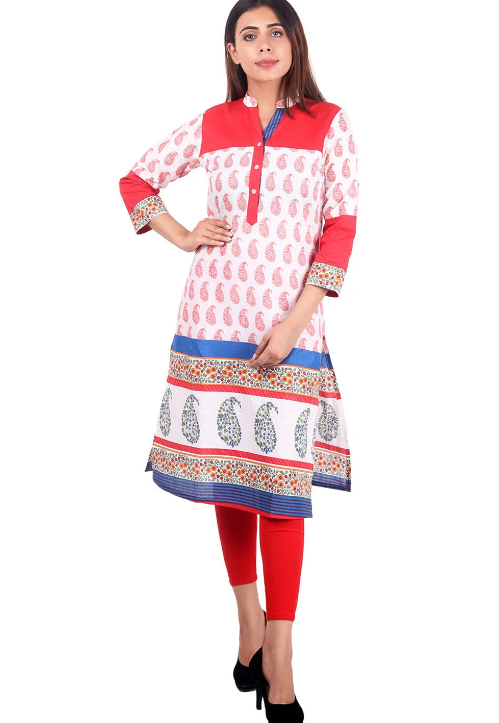 Printed Cotton Kurta in White and Multicolor