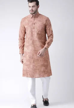 Printed Cotton Kurta Pajama in Light Rust