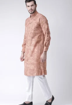 Printed Cotton Kurta Pajama in Light Rust