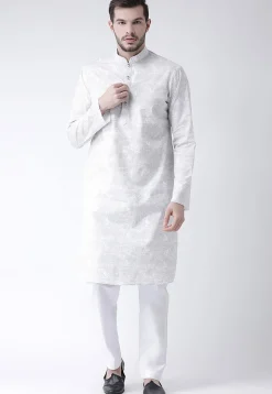 Printed Cotton Kurta Pajama in White