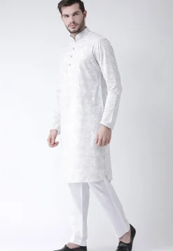 Printed Cotton Kurta Pajama in White